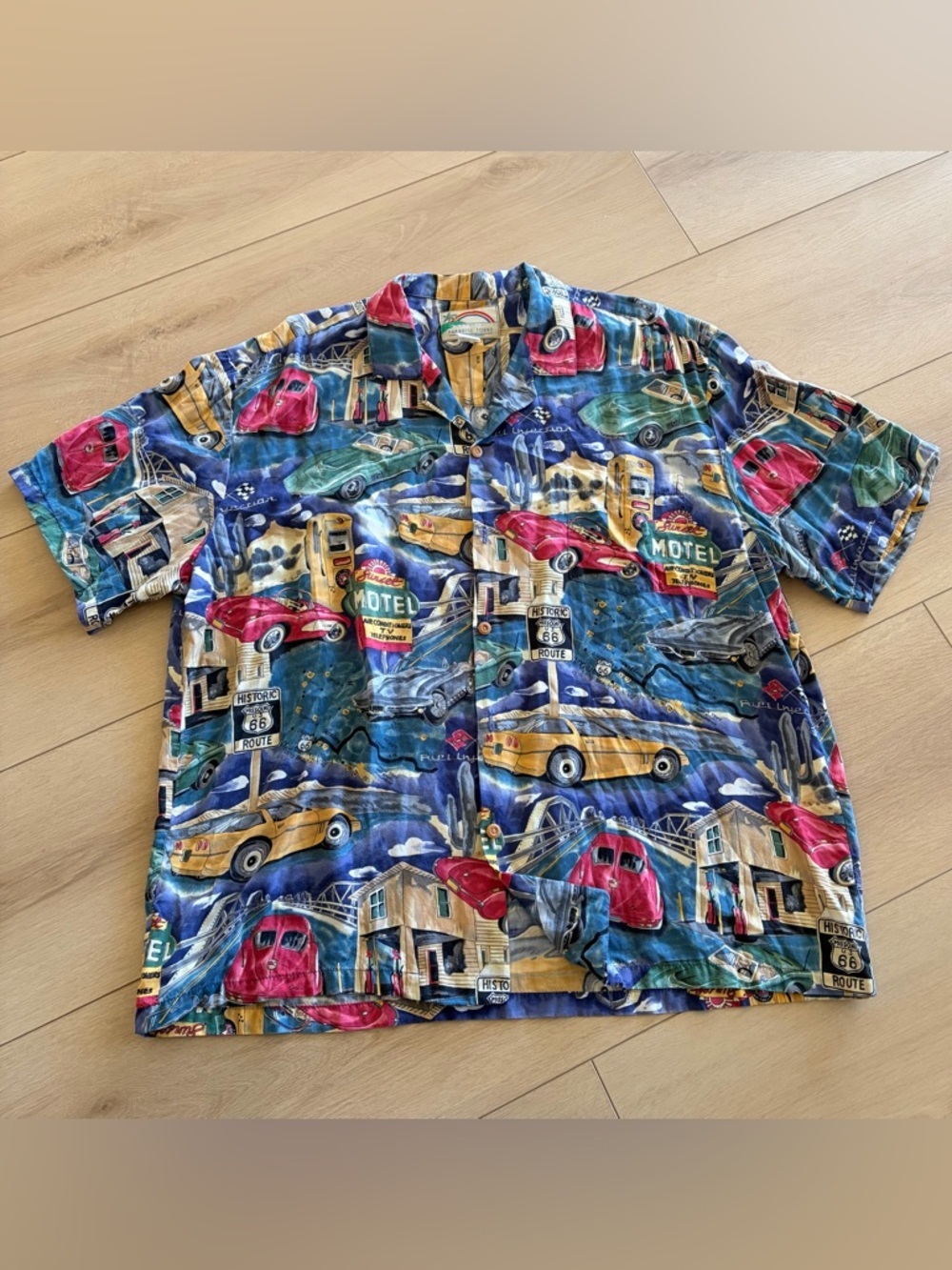Vintage Paradise Found Hawaiian Shirt Mens XL Route 66 Corvette Classic Cars